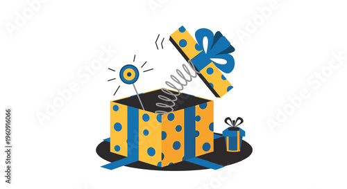 Playful jack in the box toy popping open with a blue and yellow polka dot pattern and a small gift box sitting nearby on a dark shadow surface.