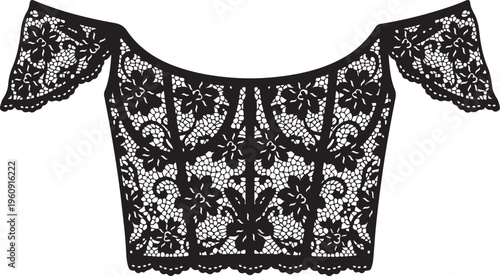 Black lace cutout for an off-the-shoulder with floral and swirling patterns on a white background