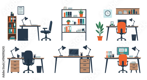 Collection of diverse office workspace layouts featuring desks chairs computers lamps bookshelves and indoor plants for modern interior design.
