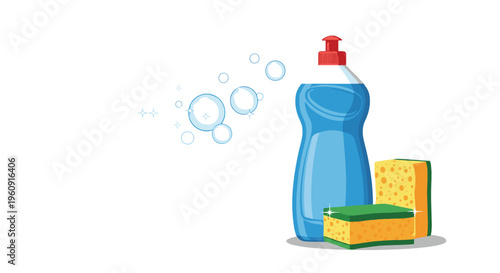 Blue bottle of dishwashing liquid with soapy bubbles and two cleaning sponges in yellow and green in a clean flat style vector illustration.