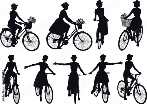 Collection of women bicycle silhouettes riding with baskets, flowers, and elegant poses isolated on white background, vintage lifestyle, eco transport and leisure activity concept