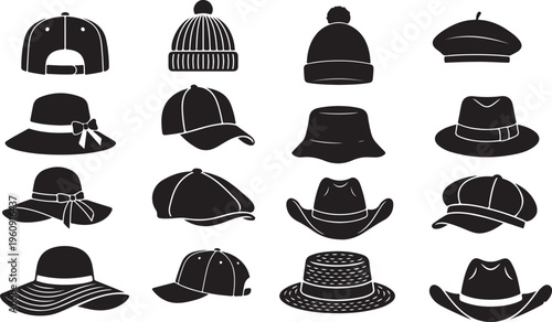Collection of Black Silhouettes of Various Hats and Headwear for Men Women and Children on White Background