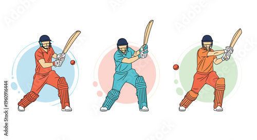 Three cricket batsmen in various action poses wearing protective gear and helmets while playing on colorful circular backgrounds on white.
