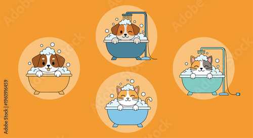 Collection of four adorable puppies and kittens taking a bubble bath in small tubs with shower heads on a vibrant orange background on white.