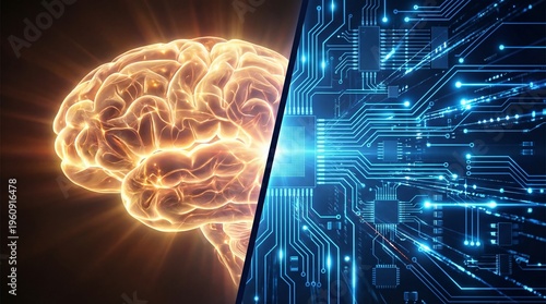 Brain vs. Circuitry: An artistic blend of the human mind and digital infrastructure. Showing the parallel evolution of intellect and technology.