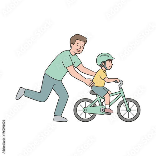 A man assists a child riding a bicycle on a path outdoors.