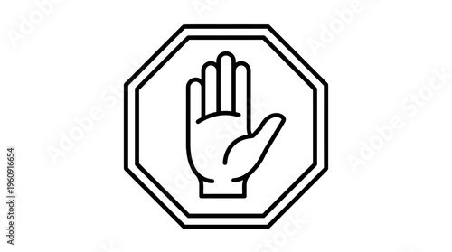 Outline Stop Sign with Hand Symbol in Octagonal Shape on Isolated White Background