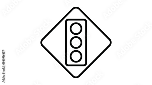 Outline Traffic Light Warning Sign in Diamond Shape on Isolated White Background