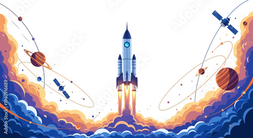 Illustration of a rocket launching into outer space with planets and satellites on a colorful, vibrant background celebrating the International Day of Human Space Flight.