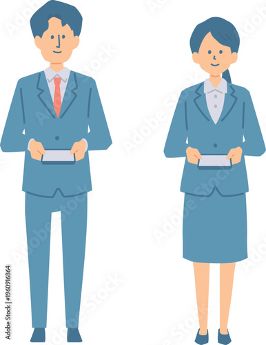 名刺交換をするスーツの人物の全身イラスト