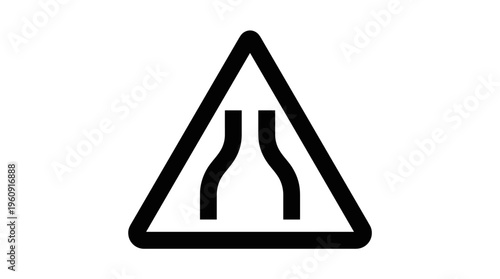 Symmetrical Road Narrows Warning Traffic Sign Icon, Isolated White Background