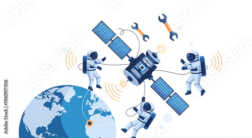 Illustration of astronauts in space suits working on a satellite with Earth in the background, celebrating International Day of Human Space Flight.