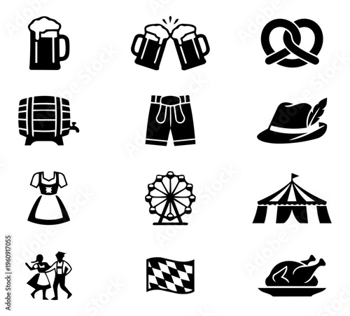 Oktoberfest Icon Set – Beer, Bavarian Clothing, Festival Food and German Folk Celebration Silhouettes