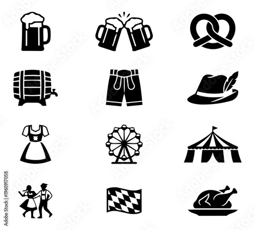 Oktoberfest Icon Set – Beer, Bavarian Clothing, Festival Food and German Folk Celebration Silhouettes