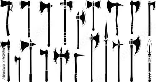 Medieval Battle Axe and Historical Weapon Collection - Viking Warrior Hatchet Silhouettes Vector Set