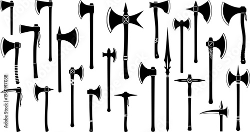 Medieval Battle Axe and Historical Weapon Collection - Viking Warrior Hatchet Silhouettes Vector Set