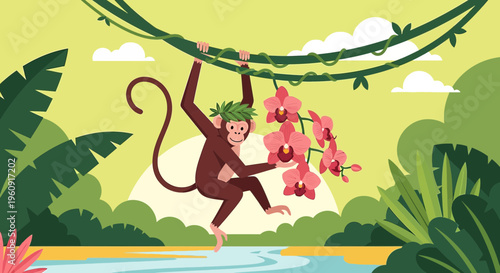 Cute Monkey Swinging on Vine with Tropical Orchids in Jungle River Scene