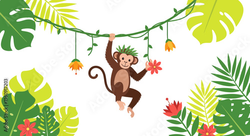 Cute Monkey Swinging on Vine with Tropical Leaves and Flowers