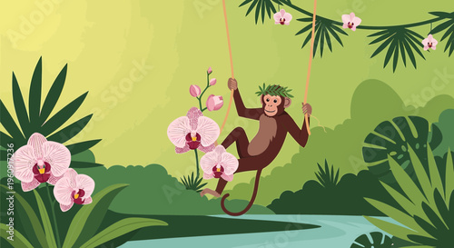 Cute Monkey Swinging on Vines with Orchids in Tropical Jungle Setting