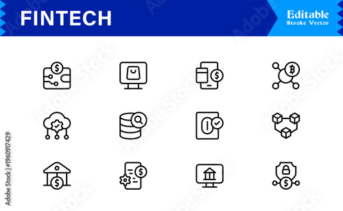 Fintech Banking Finance Modern Minimal Line Icon Set for Digital Payment and Crypto Solutions