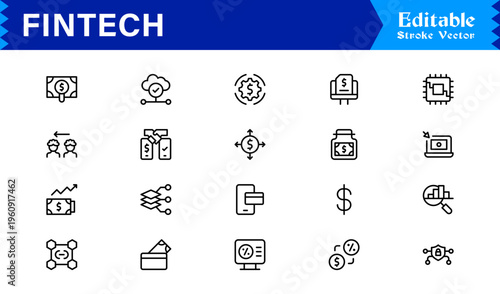Fintech Banking Finance Modern Minimal Line Icon Set for Digital Payment and Crypto Solutions