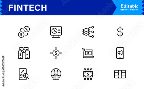 Fintech Banking Finance Modern Minimal Line Icon Set for Digital Payment and Crypto Solutions