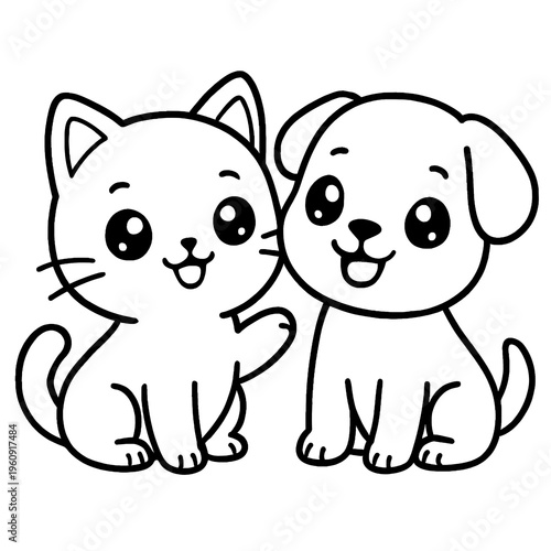 Kawaii Cat and Dog Line Art for Coloring Book, Cute Cartoon Animal Friends