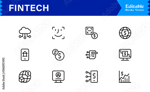 Fintech Banking Finance Modern Minimal Line Icon Set for Digital Payment and Crypto Solutions