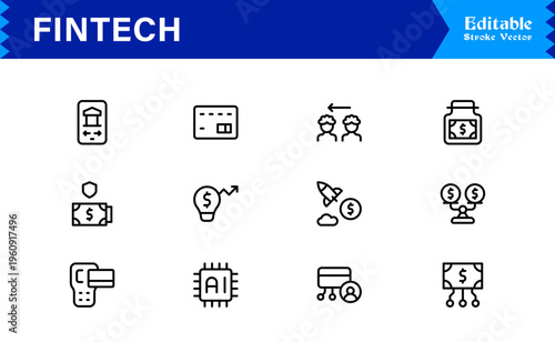 Fintech Banking Finance Modern Minimal Line Icon Set for Digital Payment and Crypto Solutions