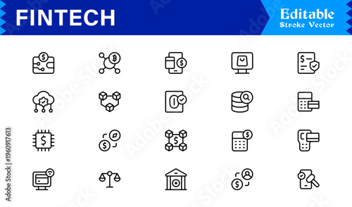 Fintech Banking Finance Modern Minimal Line Icon Set for Digital Payment and Crypto Solutions