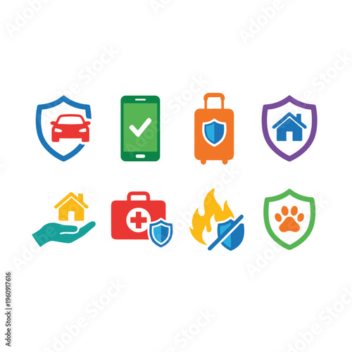 A set of eight colorful vector icons representing various insurance