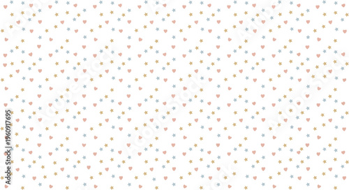Seamless Pattern of Small Gold Stars Pink Hearts and Blue Stars on White Background texture