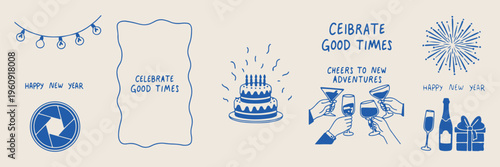 Birthday party celebration doodles, hand drawn cake and candles, whimsical festive event icons, party planning sticker set, anniversary balloons and gifts, happy birthday greeting sketches, celebrator