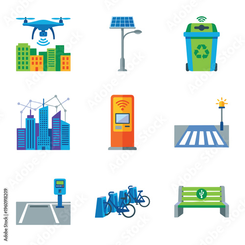A collection of nine flat vector icons representing smart city