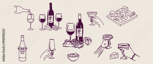 Fine wine tasting doodles, hand drawn sommelier sketches, luxury winery tour icons, romantic dinner drink elements, whimsical bar menu clip art, vineyard harvest sticker set, celebratory wine line art