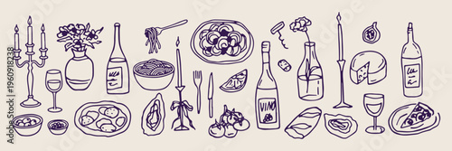 Italian pasta dinner doodles, hand drawn mediterranean food sketches, luxury restaurant menu icons, cozy kitchen cooking elements, whimsical wine and pasta clip art, gourmet foodie sticker set, culina