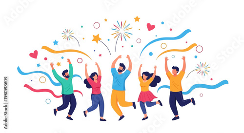 Vector illustration of diverse people celebrating International Day of Happiness with raised arms, surrounded by colorful balloons, streamers, and confetti on a white background with joyful