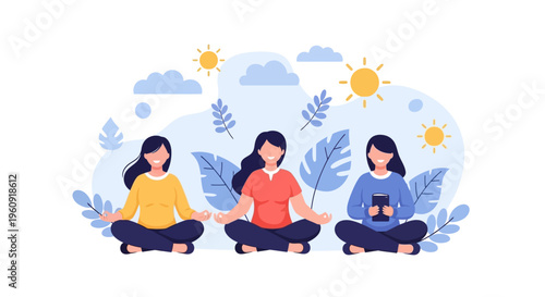Illustration of three diverse women meditating in lotus position with a sunny background on International Day of Happiness, surrounded by leaves and balloons, promoting rights and goals