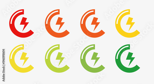 A spectrum of energy icons representing power and electricity, showcasing a lightning bolt inside a circular bracket in multiple vibrant color variations for digital and design use