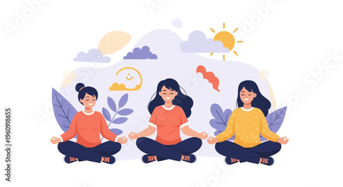 Illustration of three diverse women meditating in lotus position with icons and symbols around them, celebrating International Day of Happiness with a colorful design on a white background.