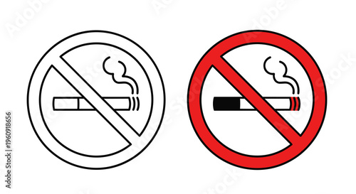 No Smoking Signs Icons Vector Graphic Isolated on White Background, Illustration of Two Circular Prohibition Symbols Indicating No Smoking Areas and Rules for Public Spaces
