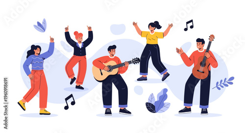 фотографія Vector illustration of diverse people celebrating International Day of Happiness with musical instruments and joyful expressions on a colorful background with balloons and icons