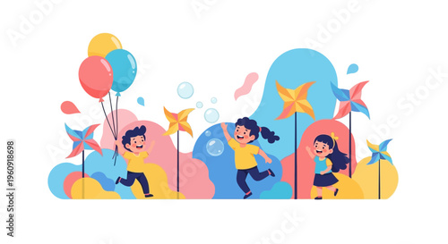 Colorful illustration of children celebrating International Day of Happiness with balloons and icons on a vibrant background.