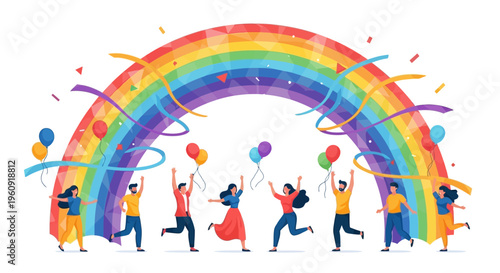 Illustration of diverse people celebrating International Day of Happiness with a rainbow, balloons, and colorful confetti on a white background, symbolizing joy and rights.