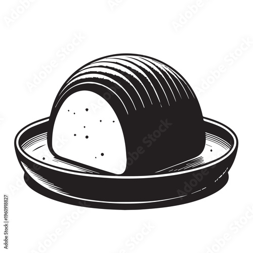 A black and white silhouette vector illustration of a bread loaf on a plate against a clean white background.
