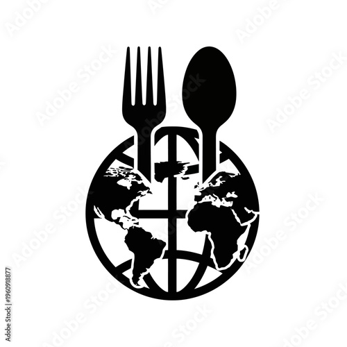 Black globe with spoon and fork.