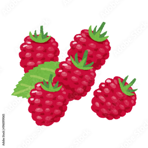 Watercolor illustration of fresh raspberries with green leaves, natural and vibrant style