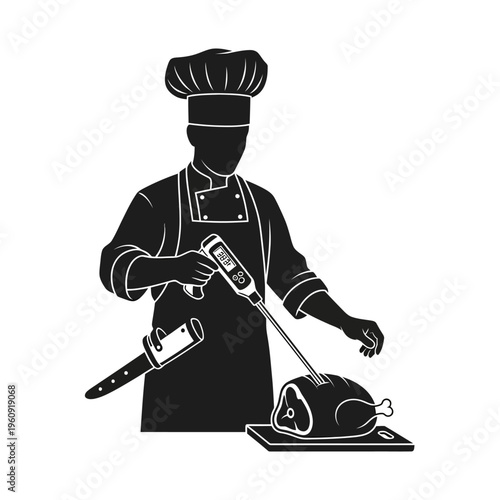 Chef cooking meat on tray plate.