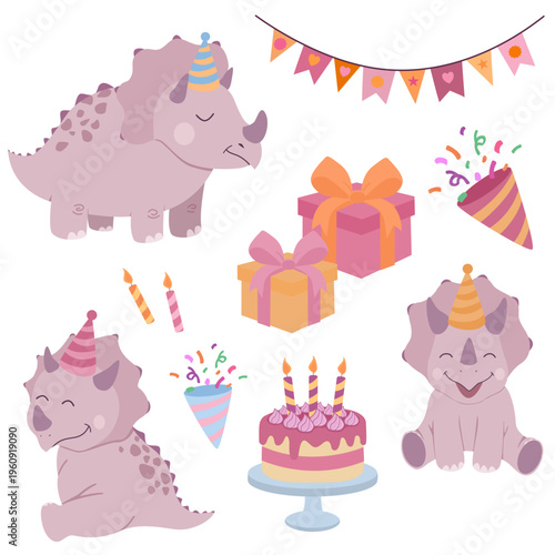 Cute Baby Triceratops Birthday Party Collection, Sweet Dinosaur Character Set with Cake Gifts and Garland for Kids Celebration, Vector Clipart on a transparent background.