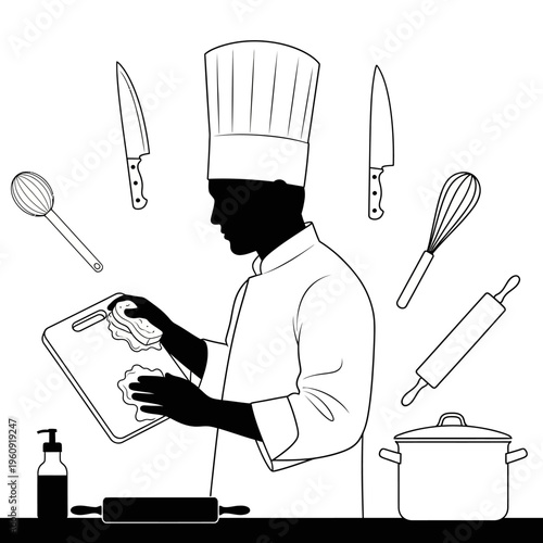 Chef in kitchen with utensils cutting.